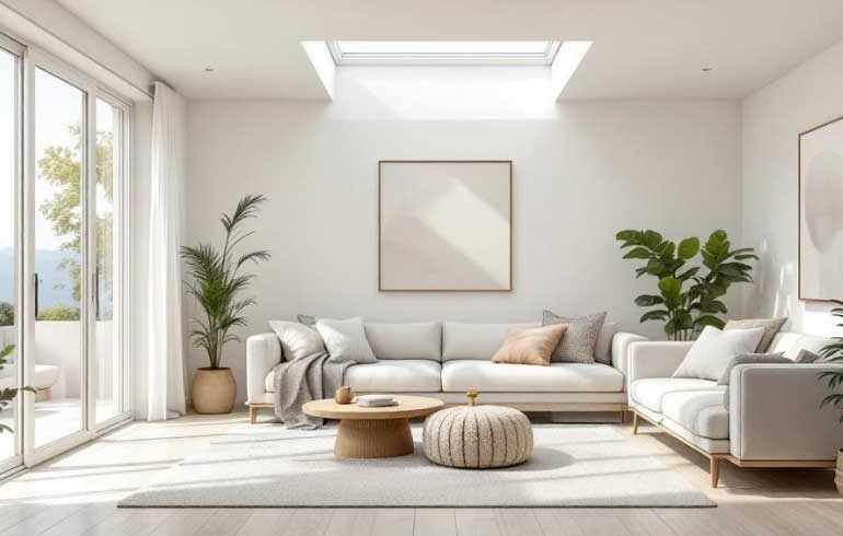 Bright living room with natural daylight and energy-conscious design