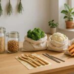 Eco-friendly kitchen with reusable glass jars, shopping bags and wooden utensils