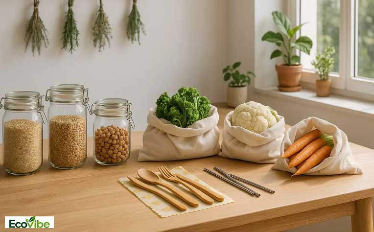 Eco-friendly kitchen with reusable glass jars, shopping bags and wooden utensils